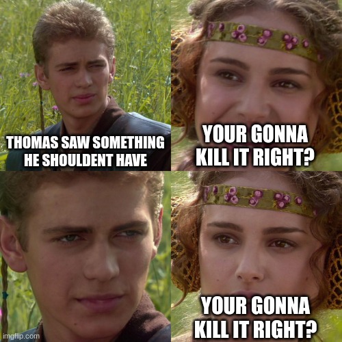 Anakin Padme 4 Panel | THOMAS SAW SOMETHING HE SHOULDENT HAVE YOUR GONNA KILL IT RIGHT? YOUR GONNA KILL IT RIGHT? | image tagged in anakin padme 4 panel | made w/ Imgflip meme maker