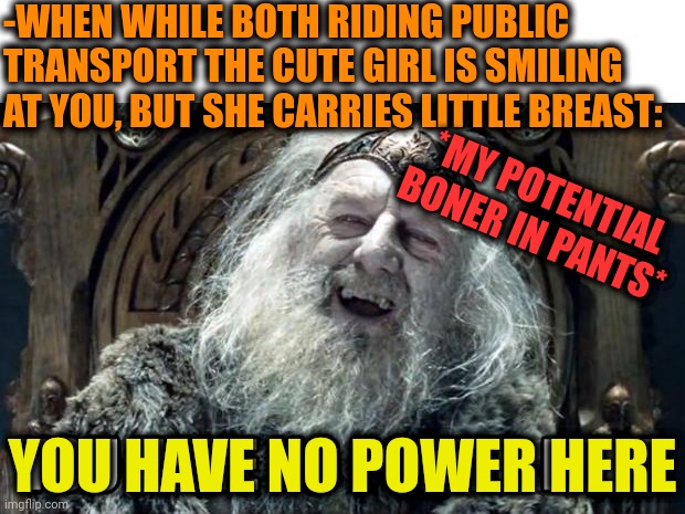 -Just don't even to try. | -WHEN WHILE BOTH RIDING PUBLIC TRANSPORT THE CUTE GIRL IS SMILING AT YOU, BUT SHE CARRIES LITTLE BREAST:; *MY POTENTIAL BONER IN PANTS*; YOU HAVE NO POWER HERE | image tagged in you have no power here,public transport,passenger,breast feeding,boners,adult humor | made w/ Imgflip meme maker
