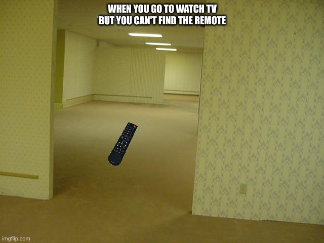 he he he haw | WHEN YOU GO TO WATCH TV BUT YOU CAN'T FIND THE REMOTE | image tagged in the backrooms | made w/ Imgflip meme maker