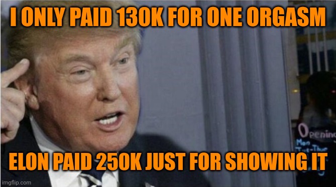 The art of the deals | I ONLY PAID 130K FOR ONE ORGASM; ELON PAID 250K JUST FOR SHOWING IT | image tagged in roll safe trump edition | made w/ Imgflip meme maker