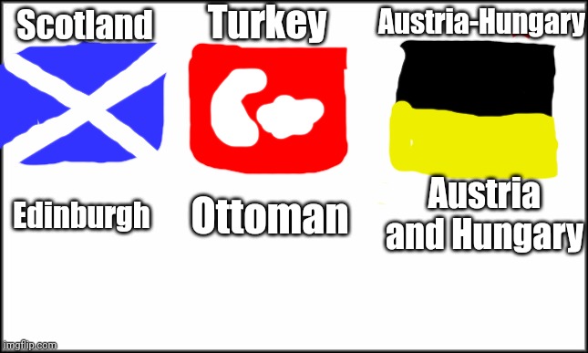 Flag relations | Turkey; Austria-Hungary; Scotland; Austria and Hungary; Edinburgh; Ottoman | image tagged in plain white,flags | made w/ Imgflip meme maker