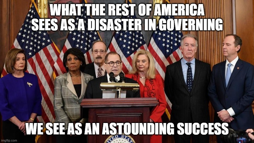 House Democrats | WHAT THE REST OF AMERICA SEES AS A DISASTER IN GOVERNING; WE SEE AS AN ASTOUNDING SUCCESS | image tagged in house democrats | made w/ Imgflip meme maker