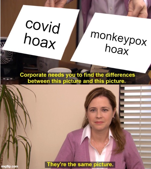 They're The Same Picture Meme | monkeypox hoax; covid hoax | image tagged in memes,they're the same picture | made w/ Imgflip meme maker