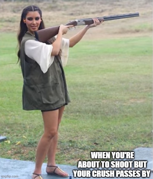 WHEN YOU'RE ABOUT TO SHOOT BUT YOUR CRUSH PASSES BY | image tagged in crush,shotgun | made w/ Imgflip meme maker