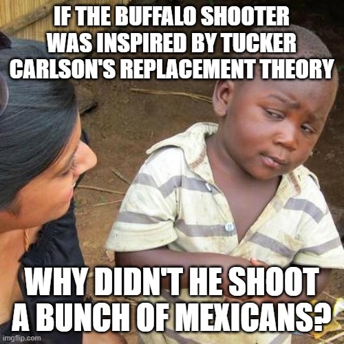 Third World Skeptical Kid Meme | IF THE BUFFALO SHOOTER WAS INSPIRED BY TUCKER CARLSON'S REPLACEMENT THEORY; WHY DIDN'T HE SHOOT A BUNCH OF MEXICANS? | image tagged in memes,third world skeptical kid | made w/ Imgflip meme maker