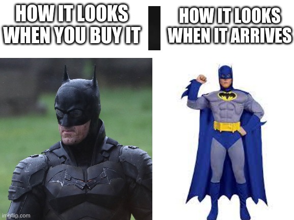Halloween costumes be like | HOW IT LOOKS WHEN IT ARRIVES; HOW IT LOOKS WHEN YOU BUY IT | image tagged in costume | made w/ Imgflip meme maker