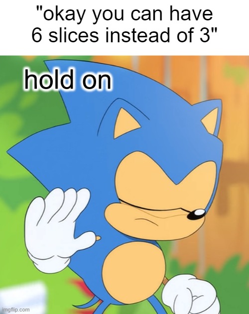 Sonic Mania Template #2 | "okay you can have 6 slices instead of 3" | image tagged in sonic hold on,sonic mania,custom template | made w/ Imgflip meme maker