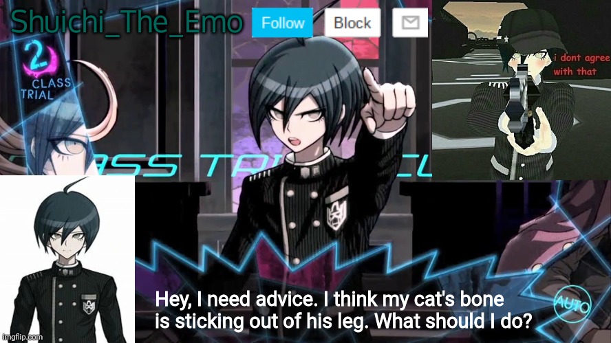 Shuichi blank dialogue | Shuichi_The_Emo; Hey, I need advice. I think my cat's bone is sticking out of his leg. What should I do? | image tagged in shuichi blank dialogue,help | made w/ Imgflip meme maker
