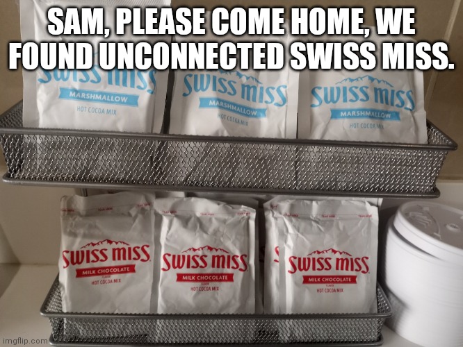 Sam O'nella, I'm callin' you out! | SAM, PLEASE COME HOME, WE FOUND UNCONNECTED SWISS MISS. | image tagged in barney will eat all of your delectable biscuits,why are you reading this,youtuber,youtubers,youtube | made w/ Imgflip meme maker