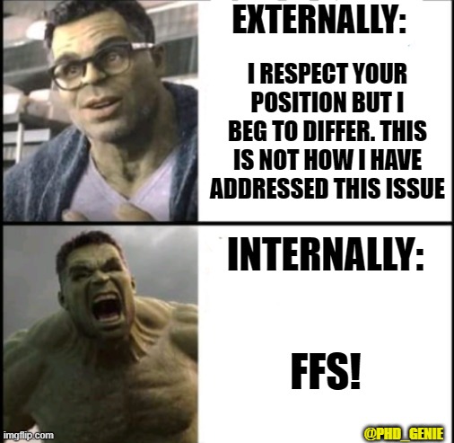 Externally/Internally | EXTERNALLY:; I RESPECT YOUR POSITION BUT I BEG TO DIFFER. THIS IS NOT HOW I HAVE ADDRESSED THIS ISSUE; INTERNALLY:; FFS! @PHD_GENIE | image tagged in hulk agrees and disagrees | made w/ Imgflip meme maker