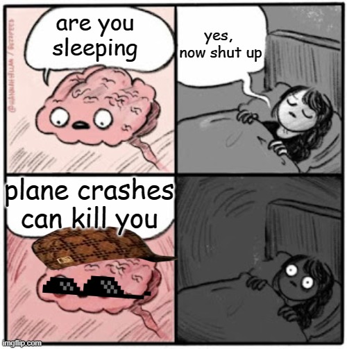 Brain Before Sleep | yes, 
now shut up; are you sleeping; plane crashes can kill you | image tagged in brain before sleep | made w/ Imgflip meme maker