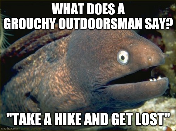 Yes, I know. Both phrases mean the same thing. Cue Pam from "The Office". | WHAT DOES A GROUCHY OUTDOORSMAN SAY? "TAKE A HIKE AND GET LOST" | image tagged in memes,bad joke eel,outdoors,grouch,lol,so yeah | made w/ Imgflip meme maker