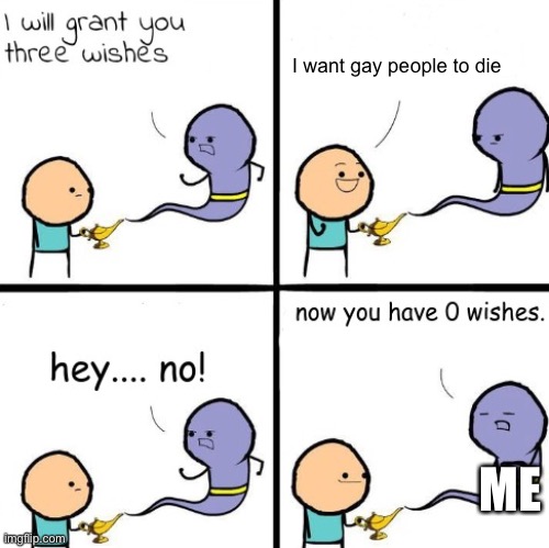 Homophobes suck | I want gay people to die; ME | image tagged in 3 wishes alternate | made w/ Imgflip meme maker