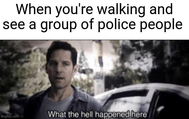 What the hell happened here | When you're walking and see a group of police people | image tagged in what the hell happened here | made w/ Imgflip meme maker