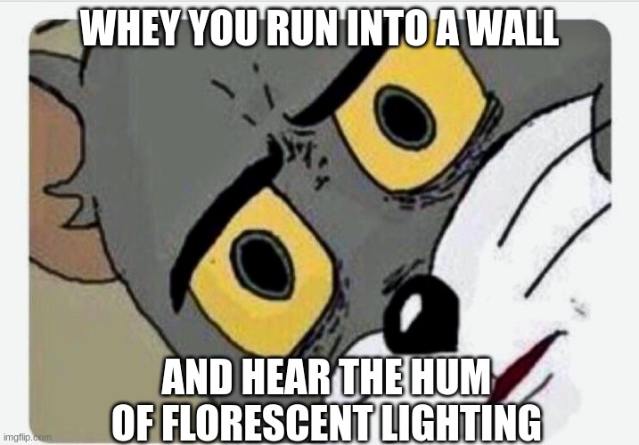 Backrooms be like |  WHEY YOU RUN INTO A WALL; AND HEAR THE HUM OF FLORESCENT LIGHTING | image tagged in disturbed tom | made w/ Imgflip meme maker