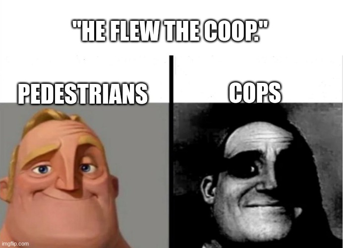 Teacher's Copy | "HE FLEW THE COOP."; COPS; PEDESTRIANS | image tagged in teacher's copy | made w/ Imgflip meme maker