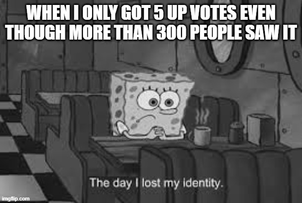 The day I lost my identity | WHEN I ONLY GOT 5 UP VOTES EVEN THOUGH MORE THAN 300 PEOPLE SAW IT | image tagged in the day i lost my identity | made w/ Imgflip meme maker