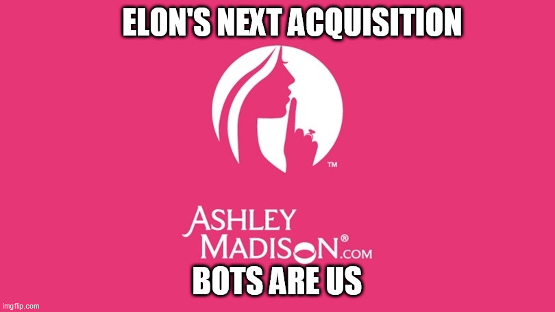 Bots 2.0 | ELON'S NEXT ACQUISITION; BOTS ARE US | image tagged in elon musk,ashley madison,bots,acquisition,fake accounts | made w/ Imgflip meme maker