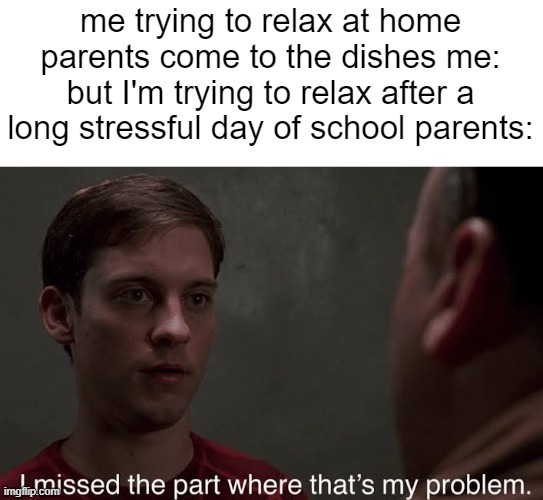 no relax only work | me trying to relax at home parents come to the dishes me: but I'm trying to relax after a long stressful day of school parents: | image tagged in i missed the part | made w/ Imgflip meme maker
