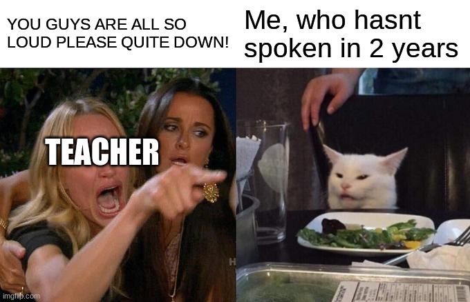Woman Yelling At Cat |  YOU GUYS ARE ALL SO LOUD PLEASE QUITE DOWN! Me, who hasnt spoken in 2 years; TEACHER | image tagged in memes,woman yelling at cat | made w/ Imgflip meme maker