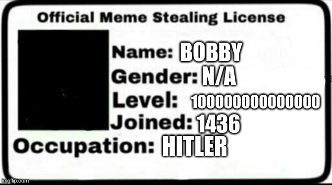 Meme Stealing License | BOBBY; N/A; 100000000000000; 1436; HITLER | image tagged in meme stealing license | made w/ Imgflip meme maker