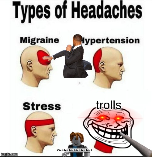 Types of Headaches meme | trolls; waaaaaaaaaaaaa | image tagged in types of headaches meme | made w/ Imgflip meme maker