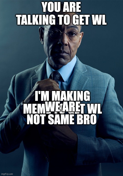 Gus Fring we are not the same | YOU ARE TALKING TO GET WL; I'M MAKING MEME TO GET WL; WE ARE NOT SAME BRO | image tagged in gus fring we are not the same | made w/ Imgflip meme maker