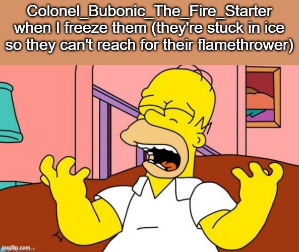 . | Colonel_Bubonic_The_Fire_Starter when I freeze them (they're stuck in ice so they can't reach for their flamethrower) | made w/ Imgflip meme maker