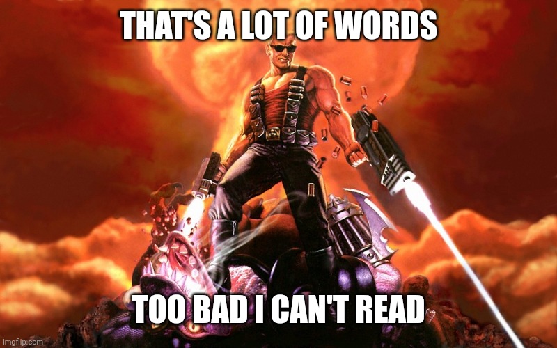 Duke Nukem | THAT'S A LOT OF WORDS TOO BAD I CAN'T READ | image tagged in duke nukem | made w/ Imgflip meme maker