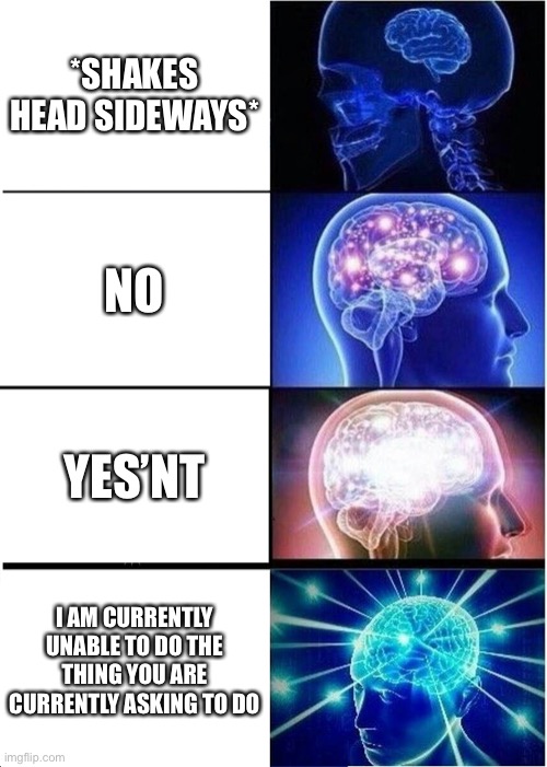 Friend: Can you come to my house | *SHAKES HEAD SIDEWAYS*; NO; YES’NT; I AM CURRENTLY UNABLE TO DO THE THING YOU ARE CURRENTLY ASKING TO DO | image tagged in memes,expanding brain | made w/ Imgflip meme maker