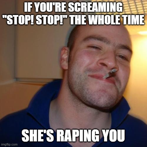 IF YOU'RE SCREAMING "STOP! STOP!" THE WHOLE TIME SHE'S RAPING YOU | image tagged in memes,good guy greg | made w/ Imgflip meme maker