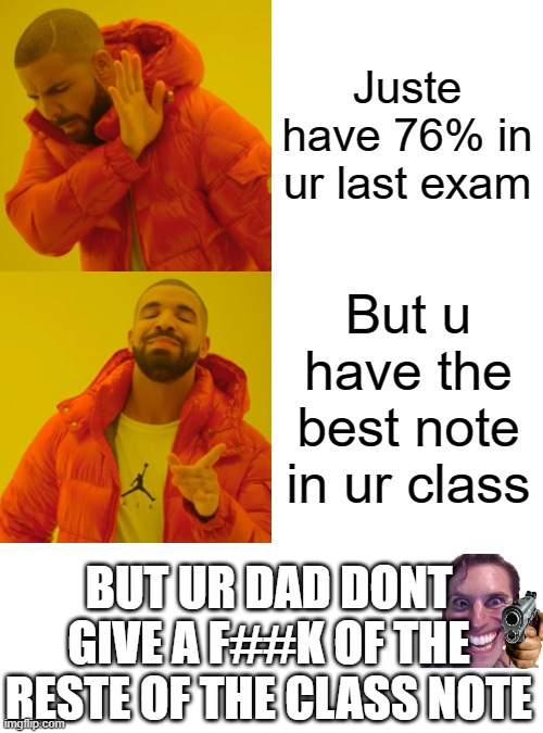 Drake Hotline Bling Meme |  Juste have 76% in ur last exam; But u have the best note in ur class; BUT UR DAD DONT GIVE A F##K OF THE RESTE OF THE CLASS NOTE | image tagged in memes,drake hotline bling | made w/ Imgflip meme maker
