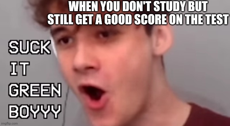 The Satisfaction |  WHEN YOU DON'T STUDY BUT STILL GET A GOOD SCORE ON THE TEST | image tagged in suck it green boy,memes,school | made w/ Imgflip meme maker
