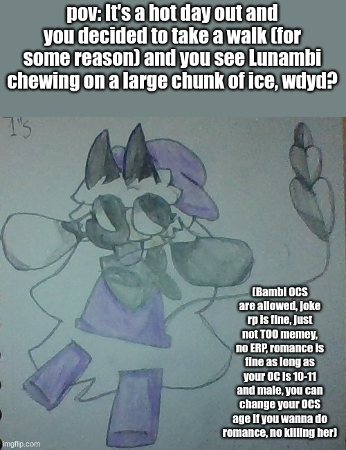 RULES IN IMAGE | pov: It's a hot day out and you decided to take a walk (for some reason) and you see Lunambi chewing on a large chunk of ice, wdyd? (Bambi OCS are allowed, joke rp is fine, just not TOO memey, no ERP, romance is fine as long as your OC is 10-11 and male, you can change your OCS age if you wanna do romance, no killing her) | image tagged in lunambi | made w/ Imgflip meme maker
