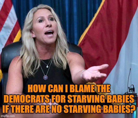 Marjorie Taylor Greene is this the holocaust | HOW CAN I BLAME THE DEMOCRATS FOR STARVING BABIES IF THERE ARE NO STARVING BABIES? | image tagged in marjorie taylor greene is this the holocaust | made w/ Imgflip meme maker