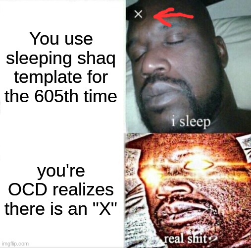 AAAAAAAAAAAAAAAAHHHHHHHHHHHHHHHHHH | You use sleeping shaq template for the 605th time; you're OCD realizes there is an "X" | image tagged in memes,sleeping shaq | made w/ Imgflip meme maker