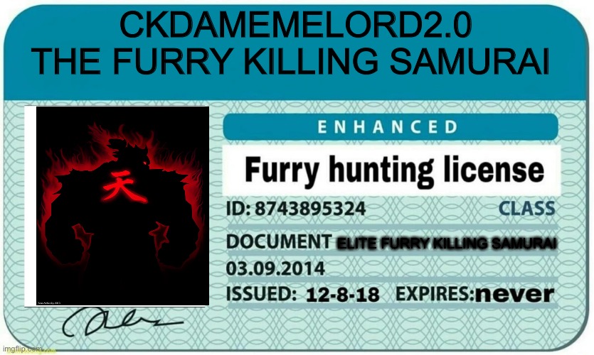 *draws blade | CKDAMEMELORD2.0
THE FURRY KILLING SAMURAI; ELITE FURRY KILLING SAMURAI | image tagged in furry hunting license | made w/ Imgflip meme maker