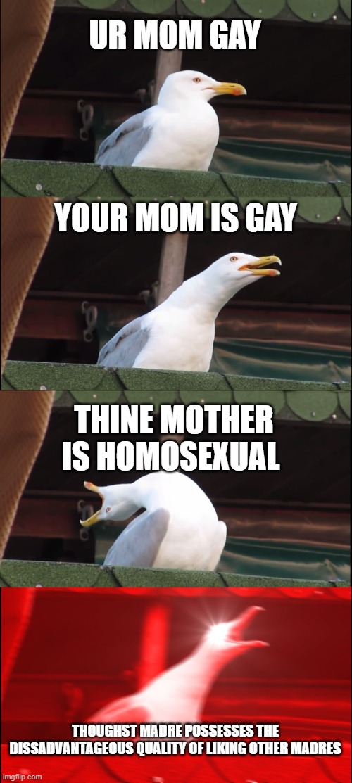 Lol |  UR MOM GAY; YOUR MOM IS GAY; THINE MOTHER IS HOMOSEXUAL; THOUGHST MADRE POSSESSES THE DISSADVANTAGEOUS QUALITY OF LIKING OTHER MADRES | image tagged in memes,inhaling seagull | made w/ Imgflip meme maker