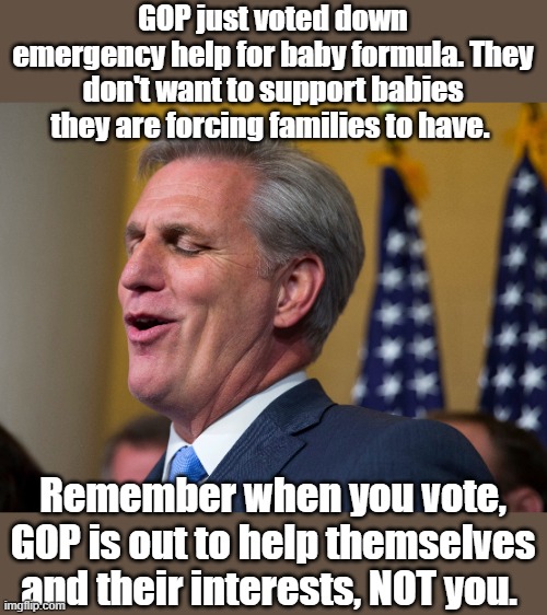GOP has you right where they want you - believing them | GOP just voted down emergency help for baby formula. They don't want to support babies they are forcing families to have. Remember when you vote, GOP is out to help themselves and their interests, NOT you. | image tagged in gop hypocrites,gop lies,fox news lies,gop probirth not prolife,grand old patriarchial party,using you | made w/ Imgflip meme maker