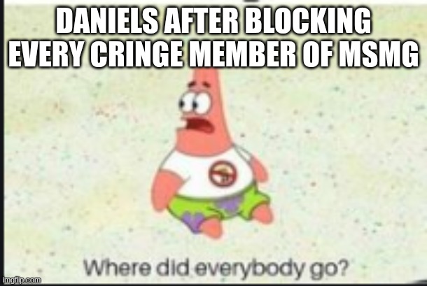alone patrick | DANIELS AFTER BLOCKING EVERY CRINGE MEMBER OF MSMG | image tagged in alone patrick | made w/ Imgflip meme maker