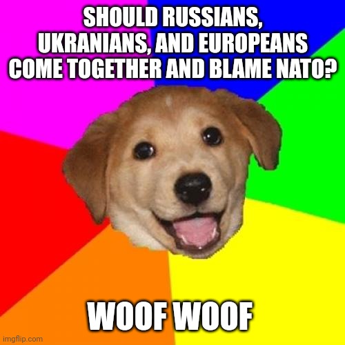 Yes of course | SHOULD RUSSIANS, UKRANIANS, AND EUROPEANS COME TOGETHER AND BLAME NATO? WOOF WOOF | image tagged in memes,advice dog | made w/ Imgflip meme maker