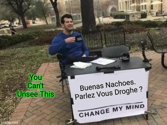 A VERY Fine Waste Of Media Resources | You Can't Unsee This; Buenas Nachoes. Parlez Vous Droghe ? | image tagged in memes,change my mind,fat girl running,tuesday,toronto blue jays | made w/ Imgflip meme maker