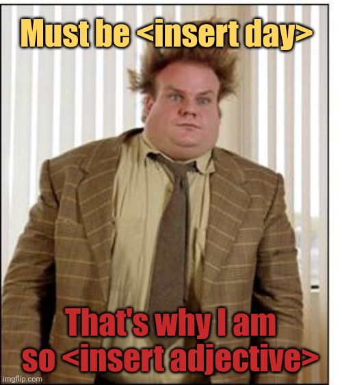 I actually just suck everyday. |  Must be <insert day>; That's why I am so <insert adjective> | image tagged in chris farley hair,mondays,tired,stressed out,dont judge me,caffeine | made w/ Imgflip meme maker