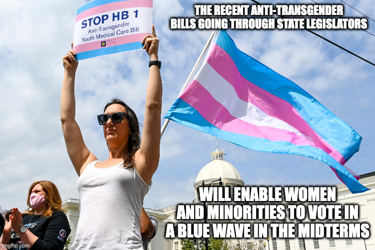 Anti-Transgender Bills From Red States | THE RECENT ANTI-TRANSGENDER BILLS GOING THROUGH STATE LEGISLATORS; WILL ENABLE WOMEN AND MINORITIES TO VOTE IN A BLUE WAVE IN THE MIDTERMS | image tagged in transgender,memes,politics | made w/ Imgflip meme maker