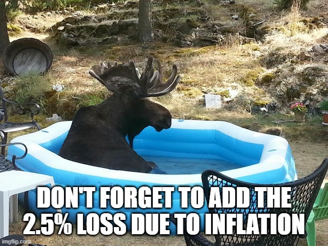 Moose in an inflatable pool | DON'T FORGET TO ADD THE 2.5% LOSS DUE TO INFLATION | image tagged in moose in an inflatable pool | made w/ Imgflip meme maker
