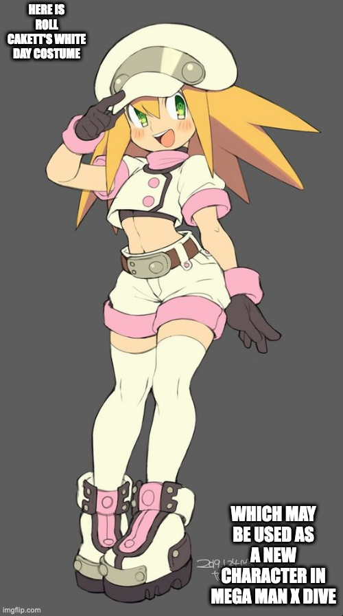 Roll Caskett White Day Costume | HERE IS ROLL CAKETT'S WHITE DAY COSTUME; WHICH MAY BE USED AS A NEW CHARACTER IN MEGA MAN X DIVE | image tagged in megaman,megaman legends,roll caskett,costume,memes | made w/ Imgflip meme maker