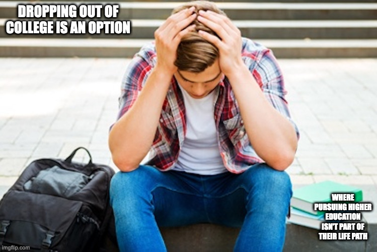 College Dropout | DROPPING OUT OF COLLEGE IS AN OPTION; WHERE PURSUING HIGHER EDUCATION ISN'T PART OF THEIR LIFE PATH | image tagged in dropout,college,memes | made w/ Imgflip meme maker