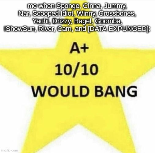 10/10 would bang | me when Sponge, Cinna, Jummy, Nar, Scooped.Idiot, Winny, Crossbones, Yachi, Drizzy, Bagel, Goomba, IShowSun, River, Cam, and [DATA EXPUNGED]: | image tagged in 10/10 would bang | made w/ Imgflip meme maker