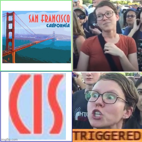 If California's 4th largest city is so progressive, then why is it called San FranCISco and not San FranTRANSco? | image tagged in triggered meme,california,san francisco,woke,sjw,sjw triggered | made w/ Imgflip meme maker
