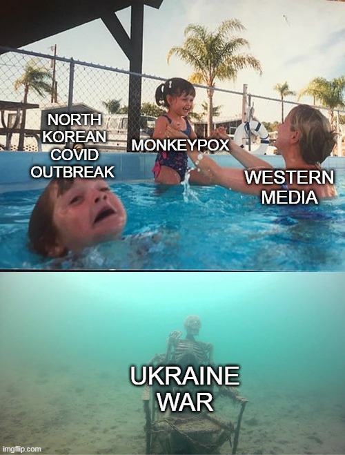 This week's virus | NORTH KOREAN COVID OUTBREAK; MONKEYPOX; WESTERN MEDIA; UKRAINE WAR | image tagged in mother ignoring kid drowning in a pool,monkeypox,north korea,ukraine,first world problems,pandemic | made w/ Imgflip meme maker